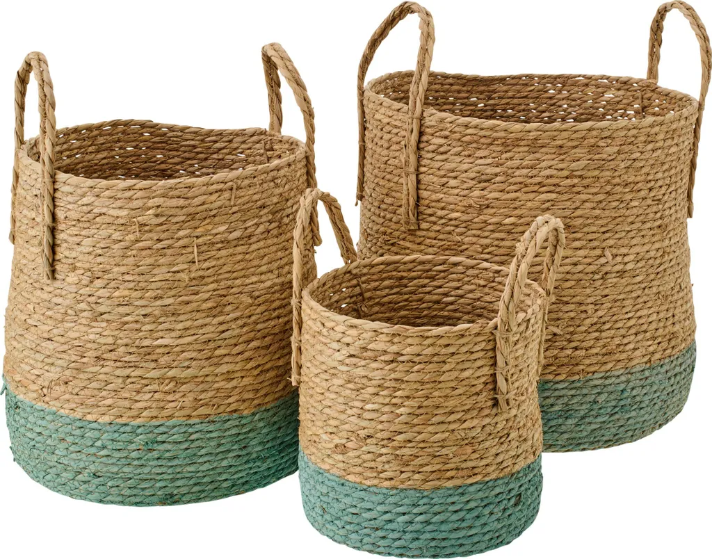 Paniers pour Rangement Jouets et Linge en Jonc de Mer Set de 3 Gris Vert