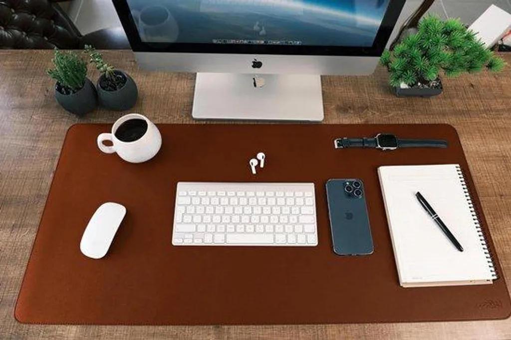 Sous-main bureau 90x43 cm marron en cuir pour télétravail efficace