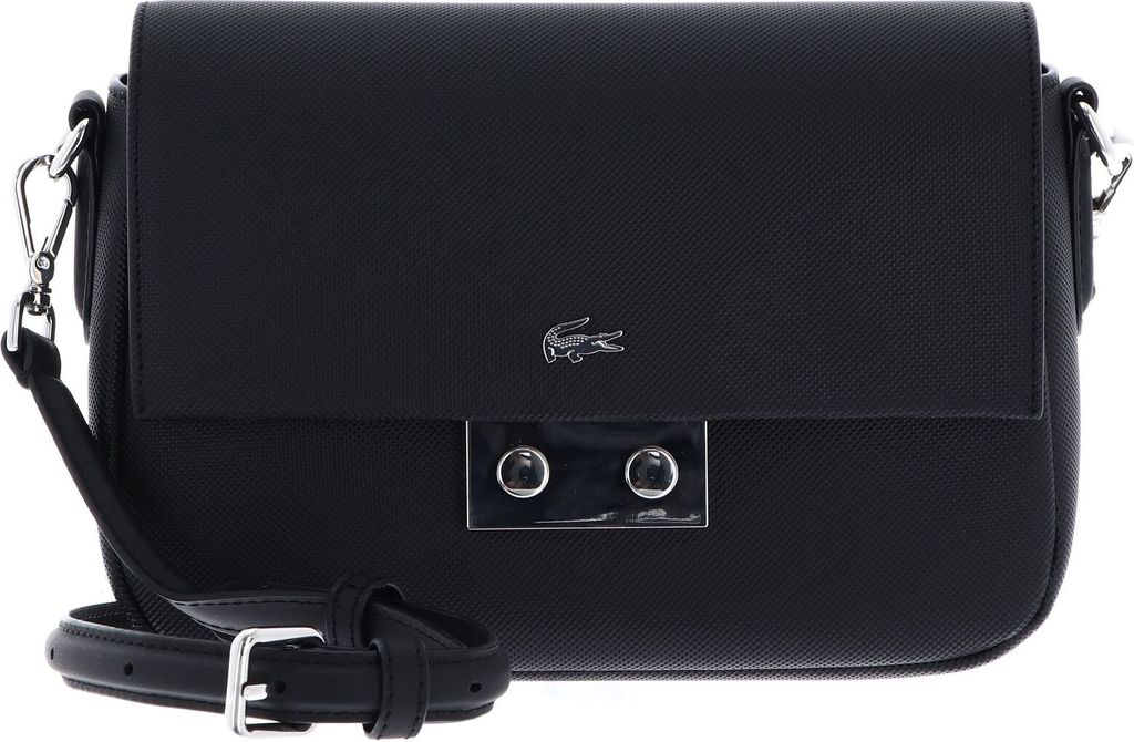 A black Lacoste crossbody bag is shown against a white background.
