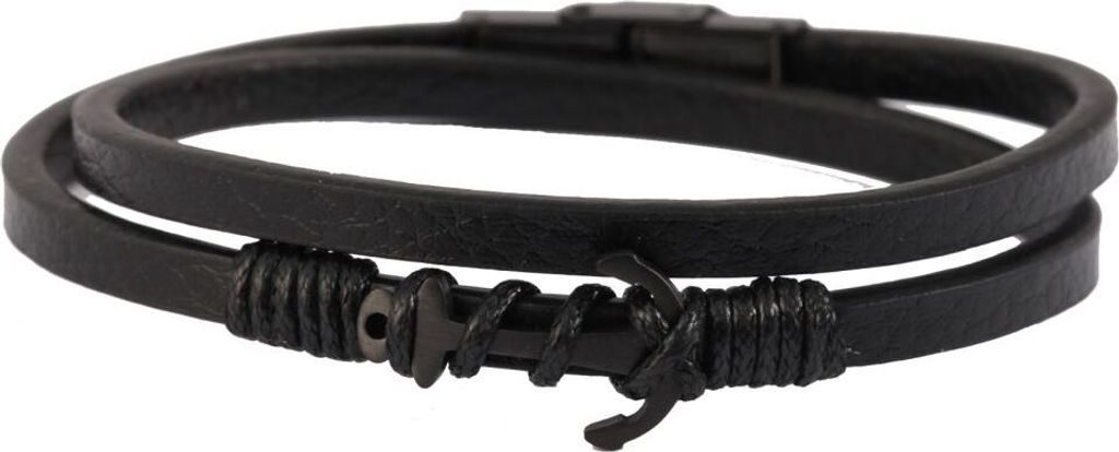 Akzent Wickelarmband aus Echtleder und Edelstahl in Schwarz mit IP Black-Beschichtung