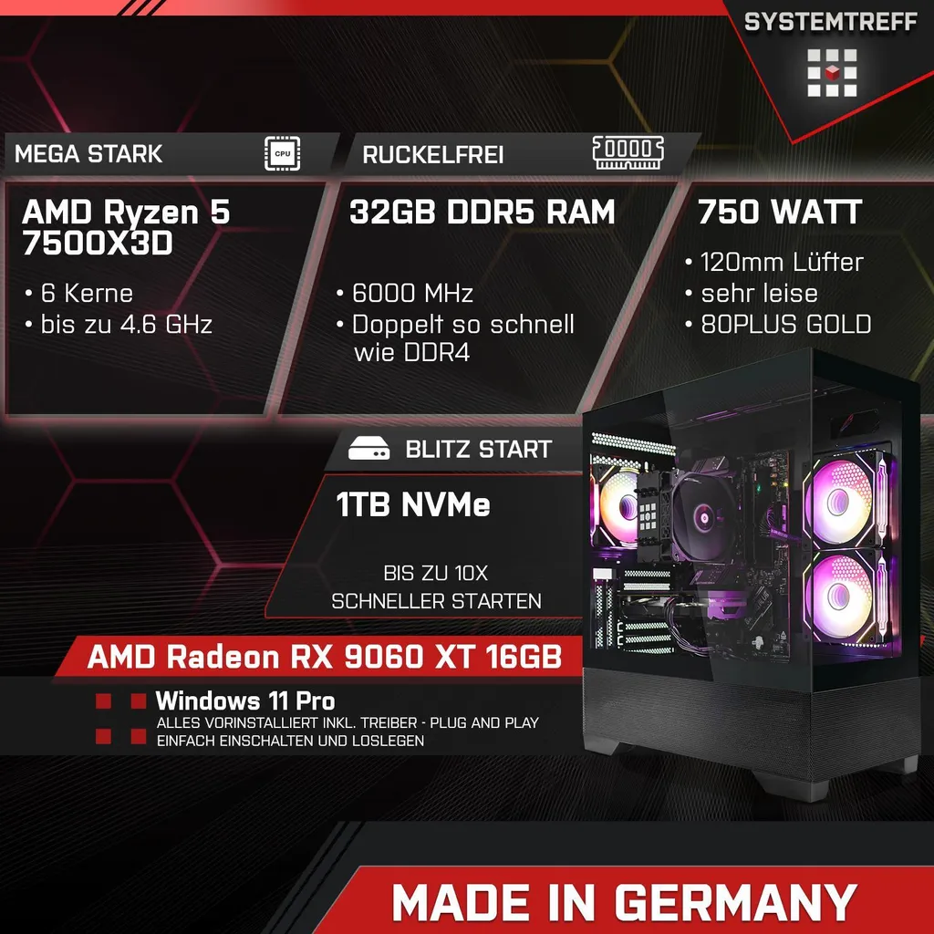 SYSTEMTREFF Gaming Komplett PC - Ryzen 5 7500X3D - AMD Radeon RX 9060 XT 16GB - 32GB DDR5 - 1TB NVMe - 27 Zoll TFT - Windows 11 Pro - Desktop