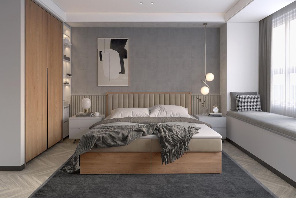 Funktionsbett 180x200 cm mit Stauraum – Polsterbett mit Bettkasten – Holzbett mit Kopfteil – Boxbett in Eiche-Optik – Modernes Bett 180x200...