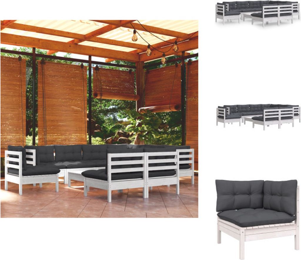 vidaXL 10-tlg. Garten-Lounge-Set mit Kissen Weiß Kiefer Massivholz - Gartenmöbel-Sets