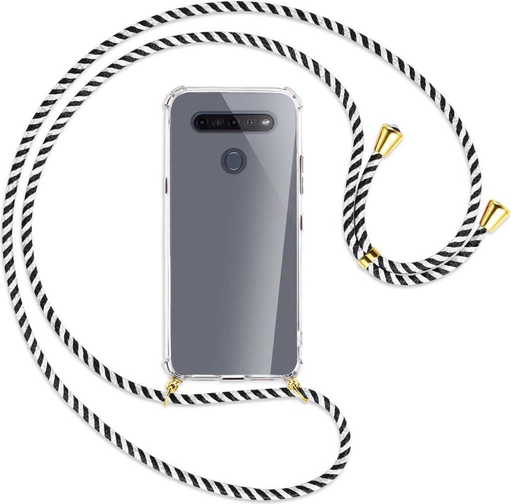 Handykette Backcover-Schutzhülle mit Band (Metall goldfarben) für LG K51S LM-K510 - schwarz/weiß gestreift