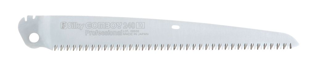 A close-up view of a saw blade against a white background.