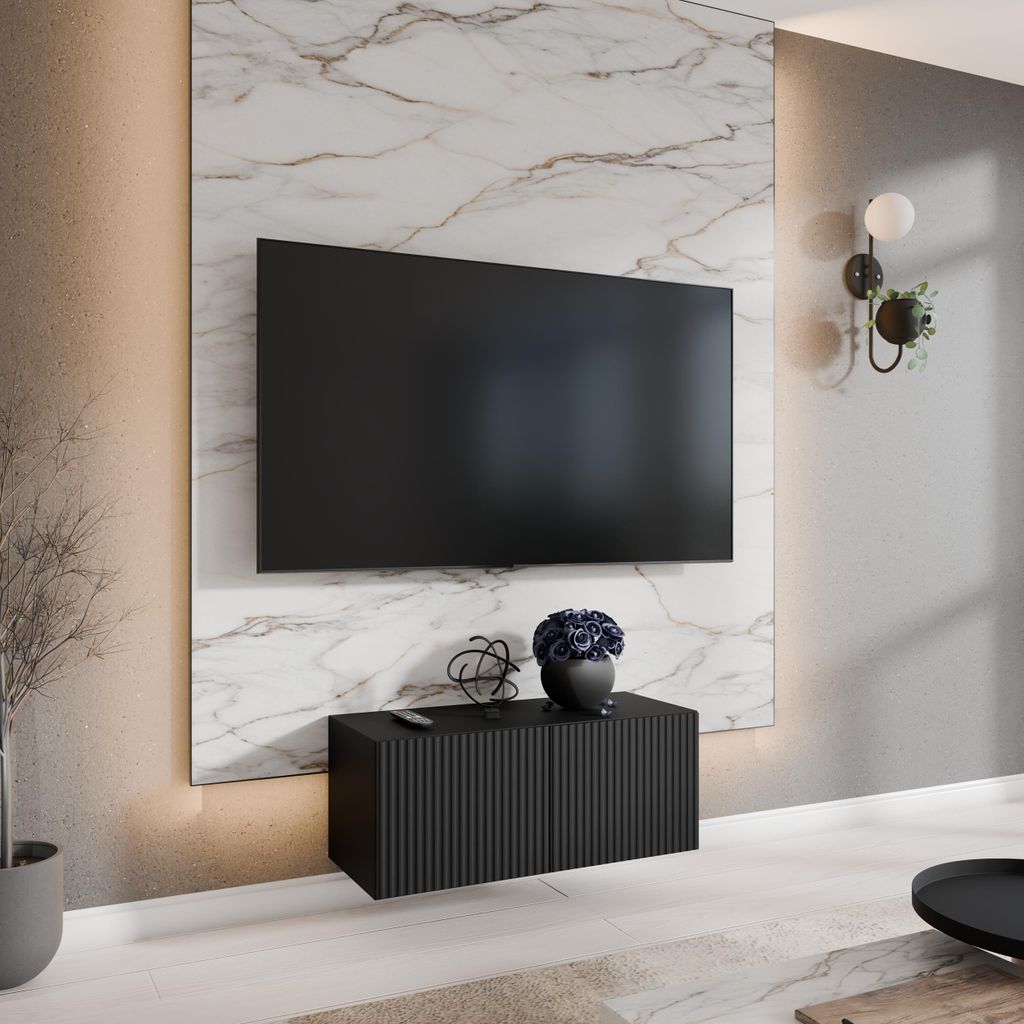 Moderner TV-Schrank 100 cm fürs Wohnzimmer MIKA, 2-türiger TV-Schrank ohne Füße, Modischer Schrank mit Frontmuster mit geschlossenen Fächern, ...