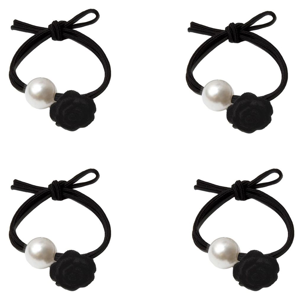 4er-Pack Haargummis mit Rosenblüten- und Imitationsperlenverzierung, weich, abriebfest und hochelastisch.