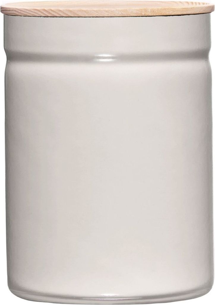 A white ceramic kitchen container with a wooden lid.