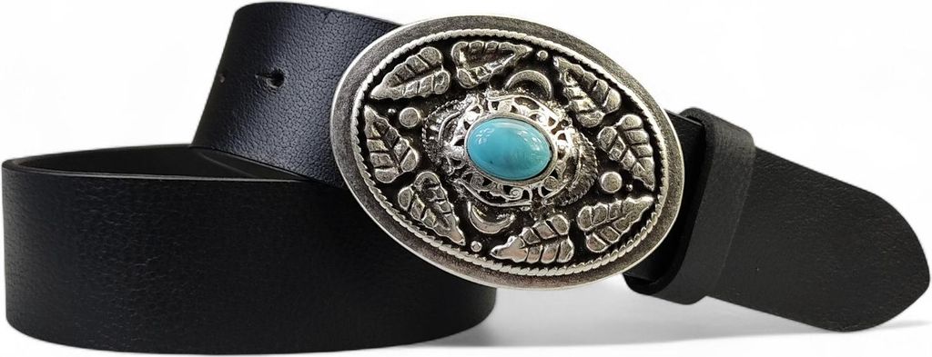 FRONHOFER Damen Ledergürtel mit typischer Schmuckschnalle und türkisem Stein, Büffelleder, 4 cm