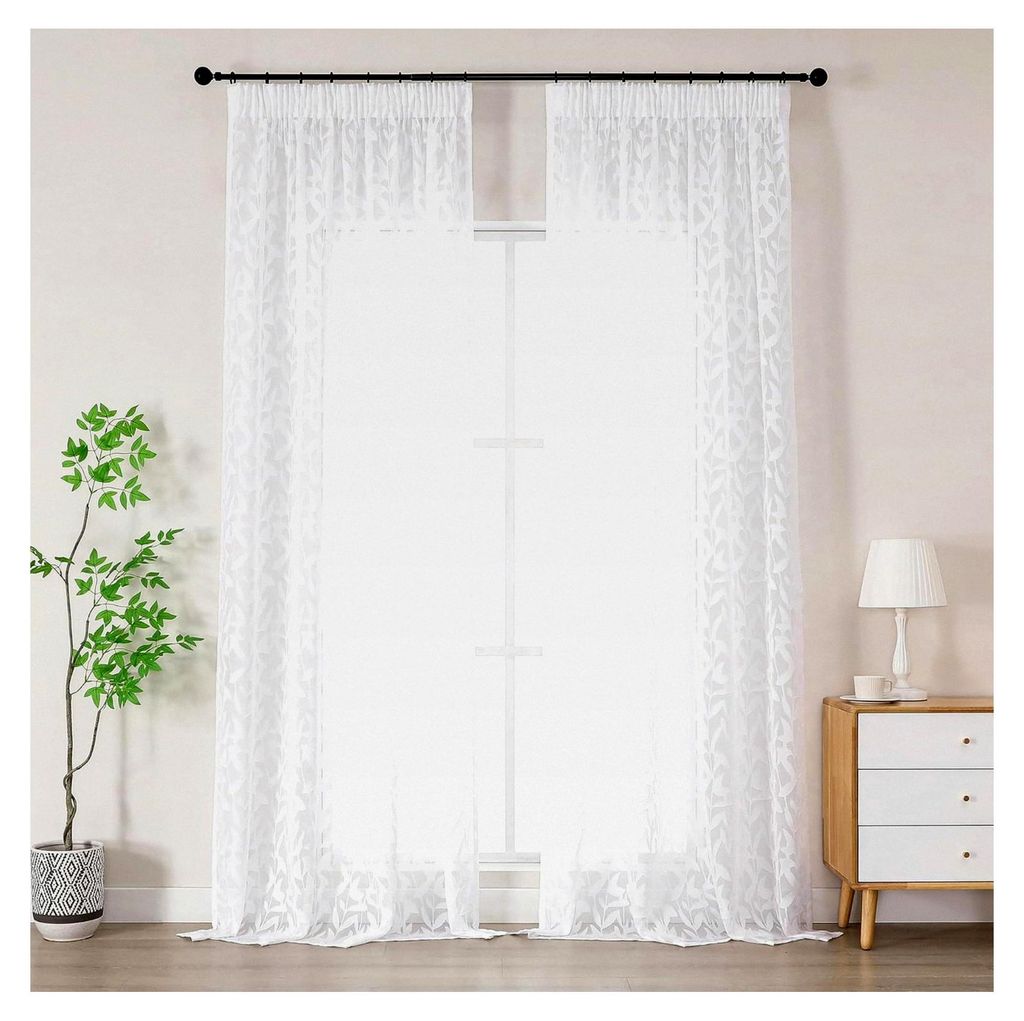 Leichte Lichtdurchlässige Clip Jacquard Voile Ausbrenner Gardine mit Blätter Muster transparenter Vorhang mit Kräuselband B140xH245cm Weiß 2 St