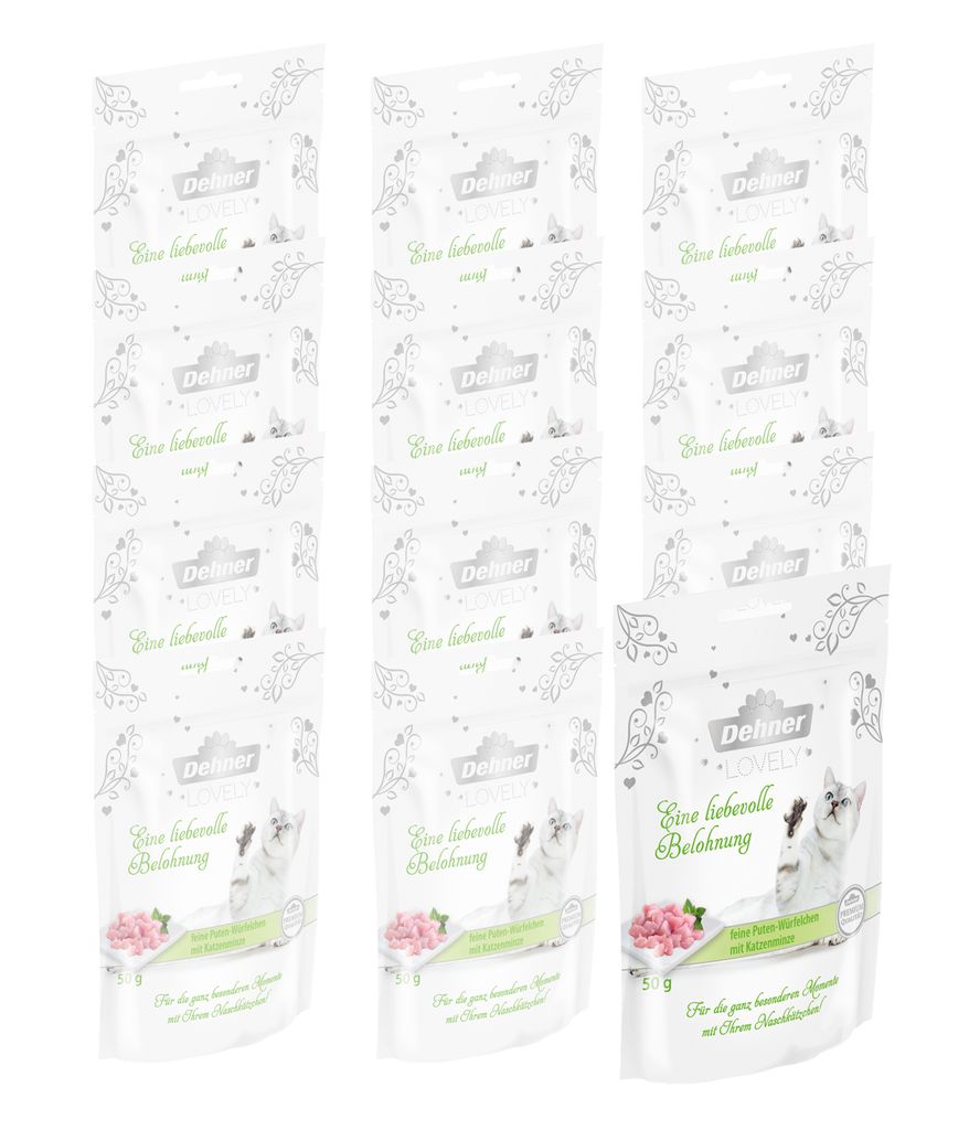 Dehner Premium Lovely Katzensnack, Ergänzungsfutter zuckerfrei / glutenfrei, für ausgewachsene Katzen, Pute / Minze, 12 x 50 g