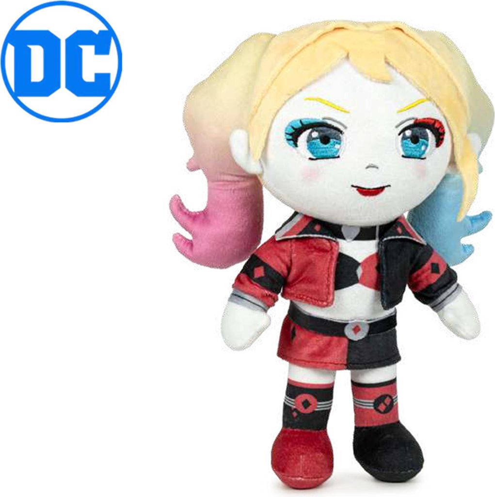 A plush toy of Harley Quinn from DC Comics is shown against a white background, with the DC logo in the top left corner.