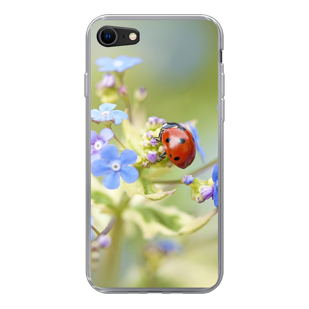 MuchoWow Handyhülle Schutzhülle Hülle für iPhone SE 2020 Marienkäfer - Blume - Frühling Silikon Softcase Handy Hülle - Kartenbesitzer