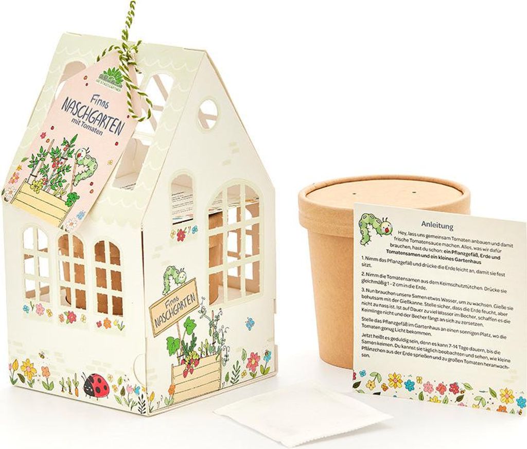 Gewächshäuschen Finns Naschgarten -Tomaten – Komplettes Anzuchtset für Kinder mit EU-BIO Saatgut, Pflanzbecher, Erde & Anleitung – Mini-Gew...
