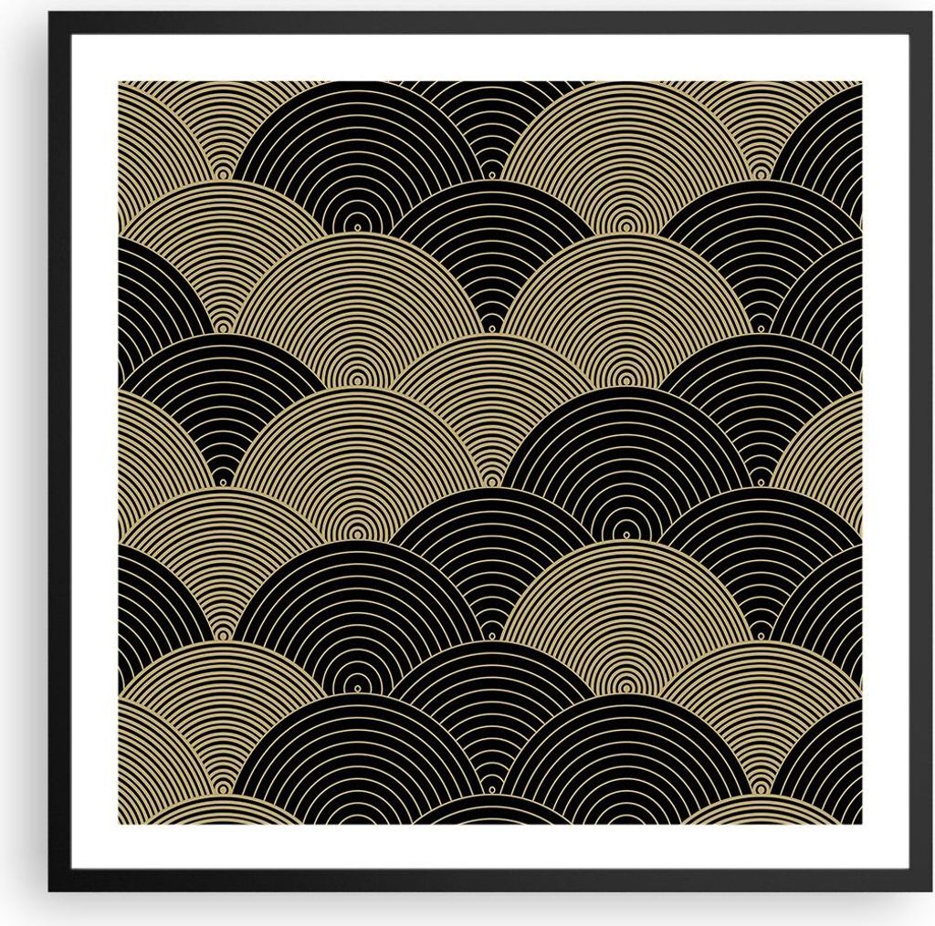 Gerahmtes Poster - Schwarzer Rahmen - Schwarz und Gold Kreise Grafiken - 60x60 cm - Wand Bild - Wanddeko - Wandbilder - Kunstposter - Wandposter - ...