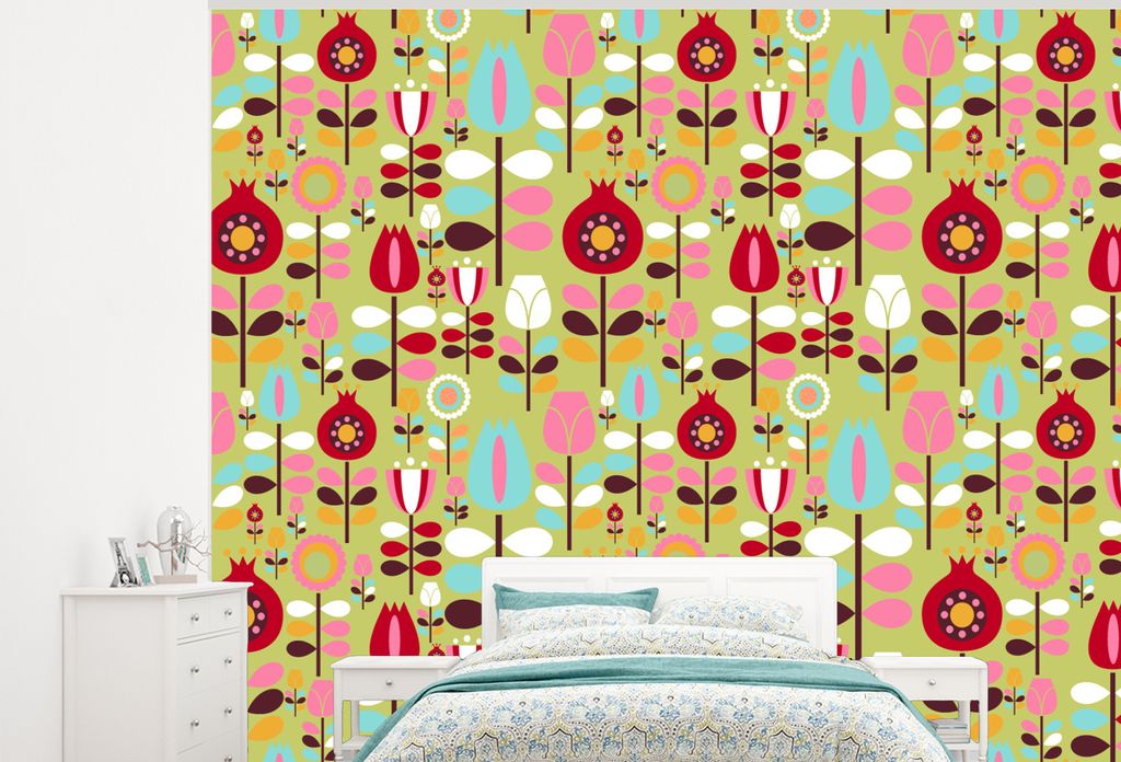 MuchoWow Fototapete für Wohnzimmer oder Schlafzimmer Wandtapete Vinyl Motivtapete Muster - Blumen - Farben - 325x260 cm - Tapete