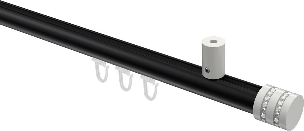 Interdeco Innenlaufstange / Gardinenstange mit Innenlauf Schwarz / Weiß, Typ Sonius Estana (Glitzerkappe) Deckenmontage, 20 mm Ø 1-läufig, 160 cm