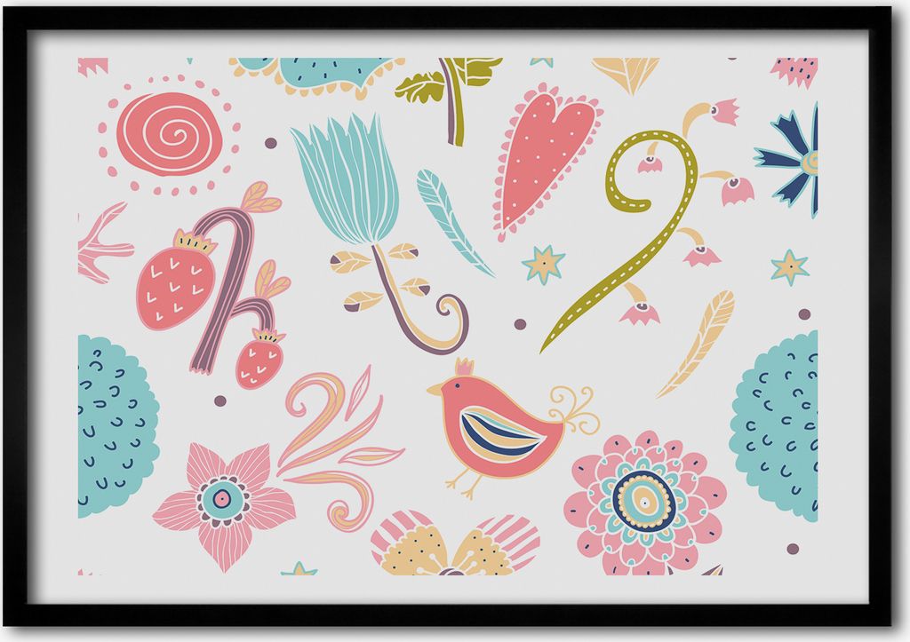 Bild - Bilder - Bilderrahmen - 70 cm x 50 cm - MDF-Rahmen, Wandkunst Blumen und Vögel