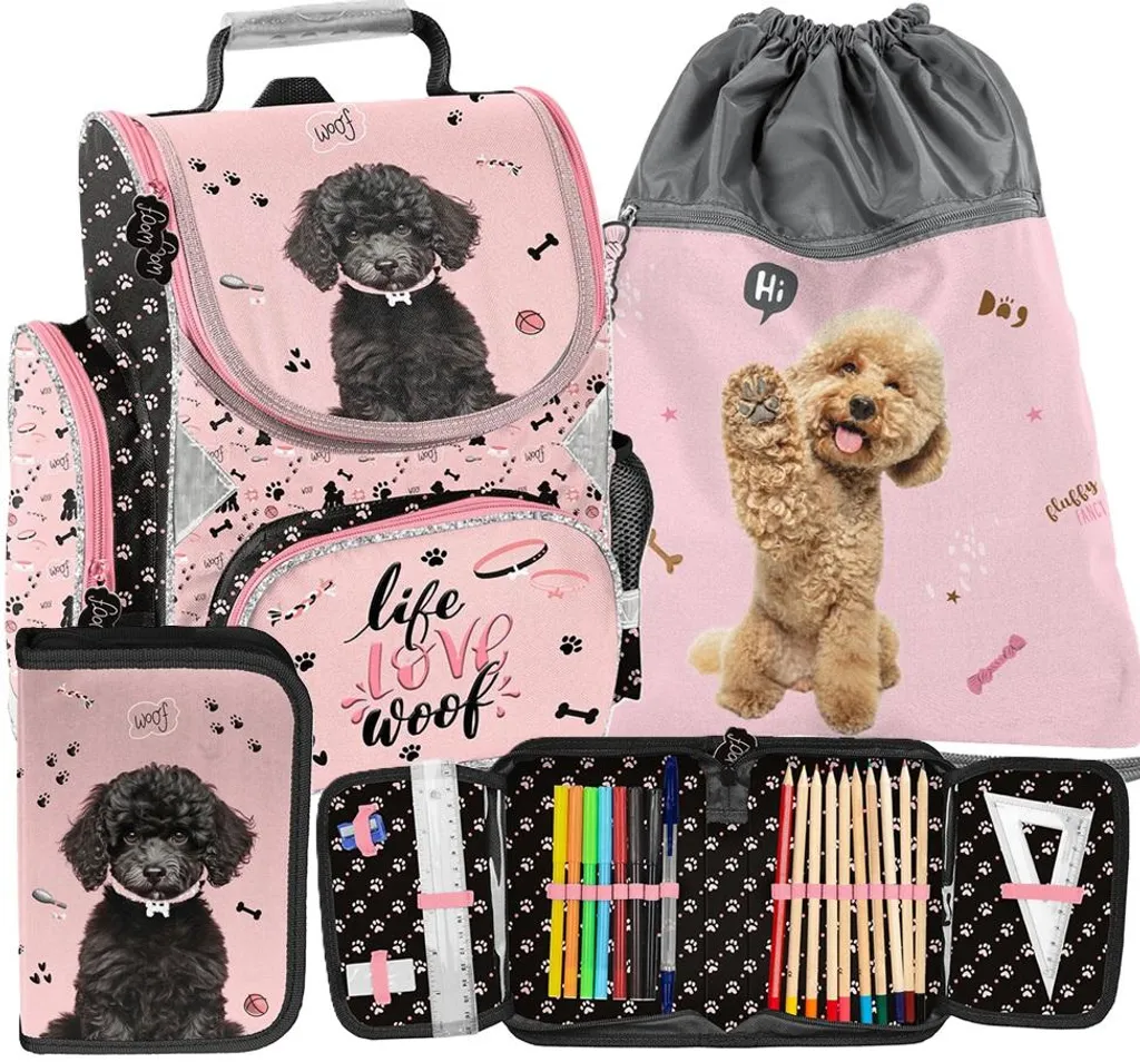 Cartable ergonomique chien pour fille, ensemble 3 pièces ultra léger 40cm