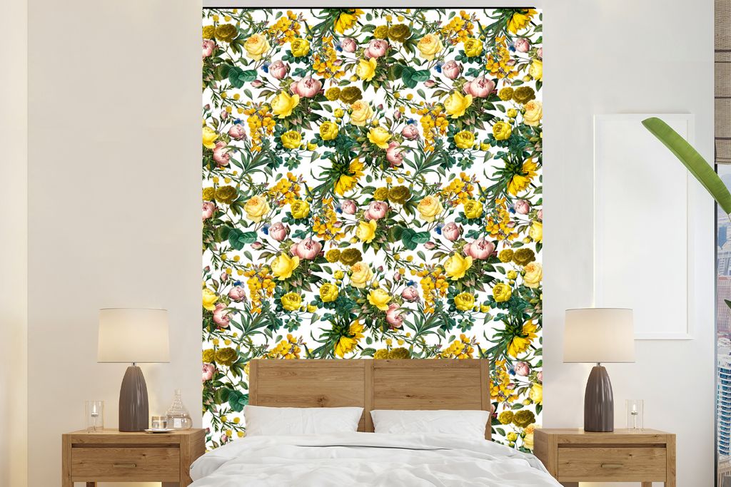 MuchoWow Fototapete für Wohnzimmer oder Schlafzimmer Wandtapete Vinyl Motivtapete Pfingstrose - Gelb - Muster - 145x220 cm - Wanddekoration