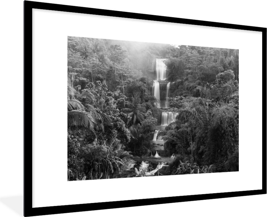 MuchoWow MuchoWow Gerahmtes Poster Indonesien - Wasserfall - Schwarz - Weiß 90x60 cm - Poster mit zchwarzem Bilderrahmen - Wanddekoration - Fotos