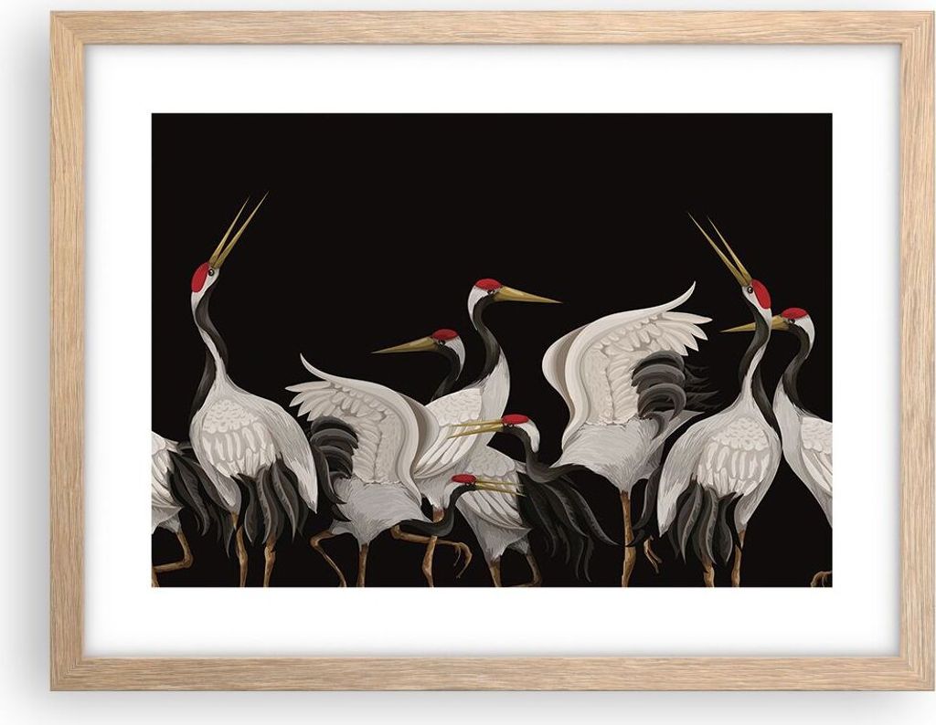 Gerahmtes Poster - Rahmen in heller Eiche - Kraniche Vögel Grafiken - 40x30 cm - Wand Bild - Wanddeko - Wandbilder - Kunstposter - Wandposter - Bi...
