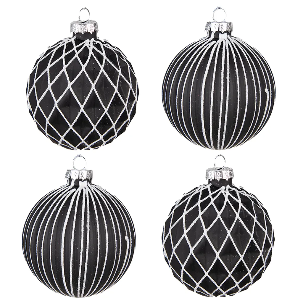 Clayre & Eef Boule de Noël 4 pièces Ø 8 cm en Verre Noir et Blanc