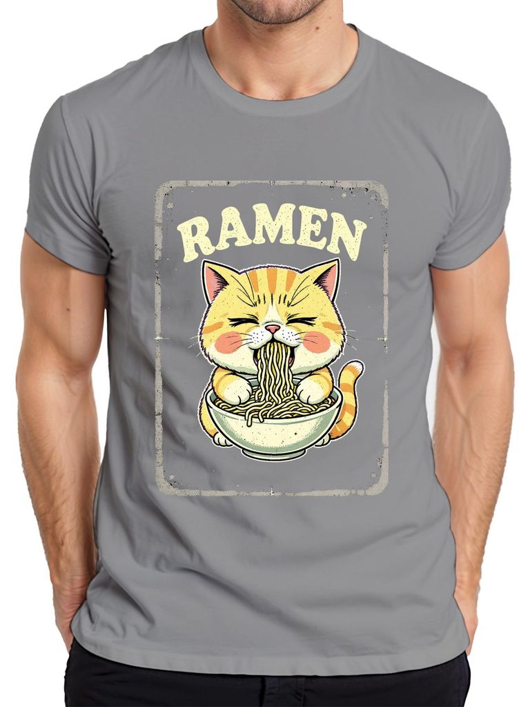 Ramen Katze Nudelsuppe Kawaii Geschenk Retro Vintage Herren T-Shirt, Grau, XL