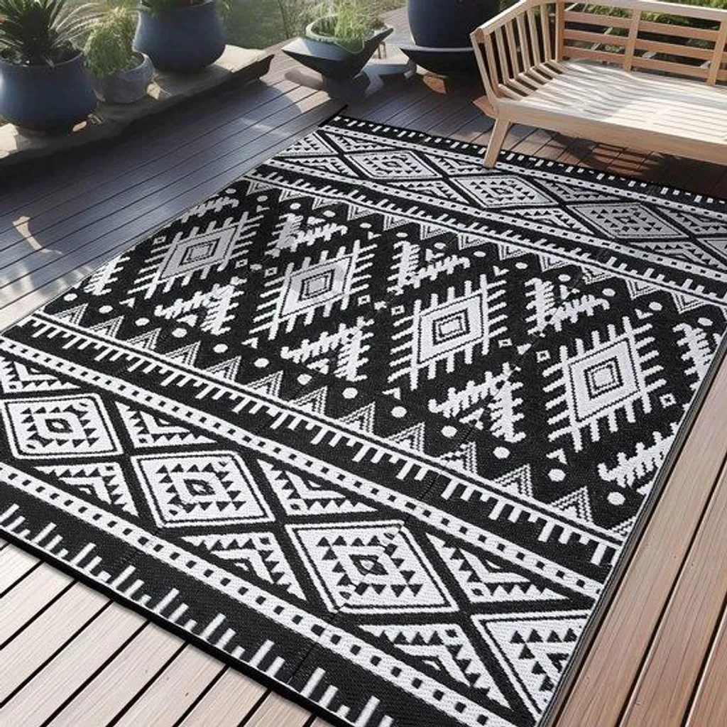 Tapis extérieur résistant aux UV et intempéries 180x270 cm noir et blanc