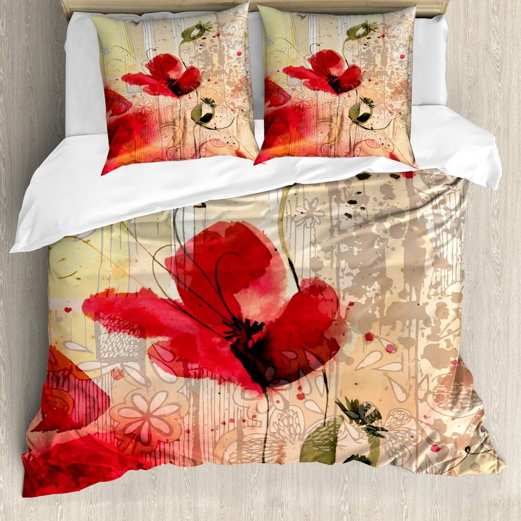 ABAKUHAUS Blume Bettbezug Set, Romantisher Mohnblume Pinsel Effekt Beige Floral Ornamente Muster, 155 x 220 cm + 80 x 80 cm, Mehrfarbig