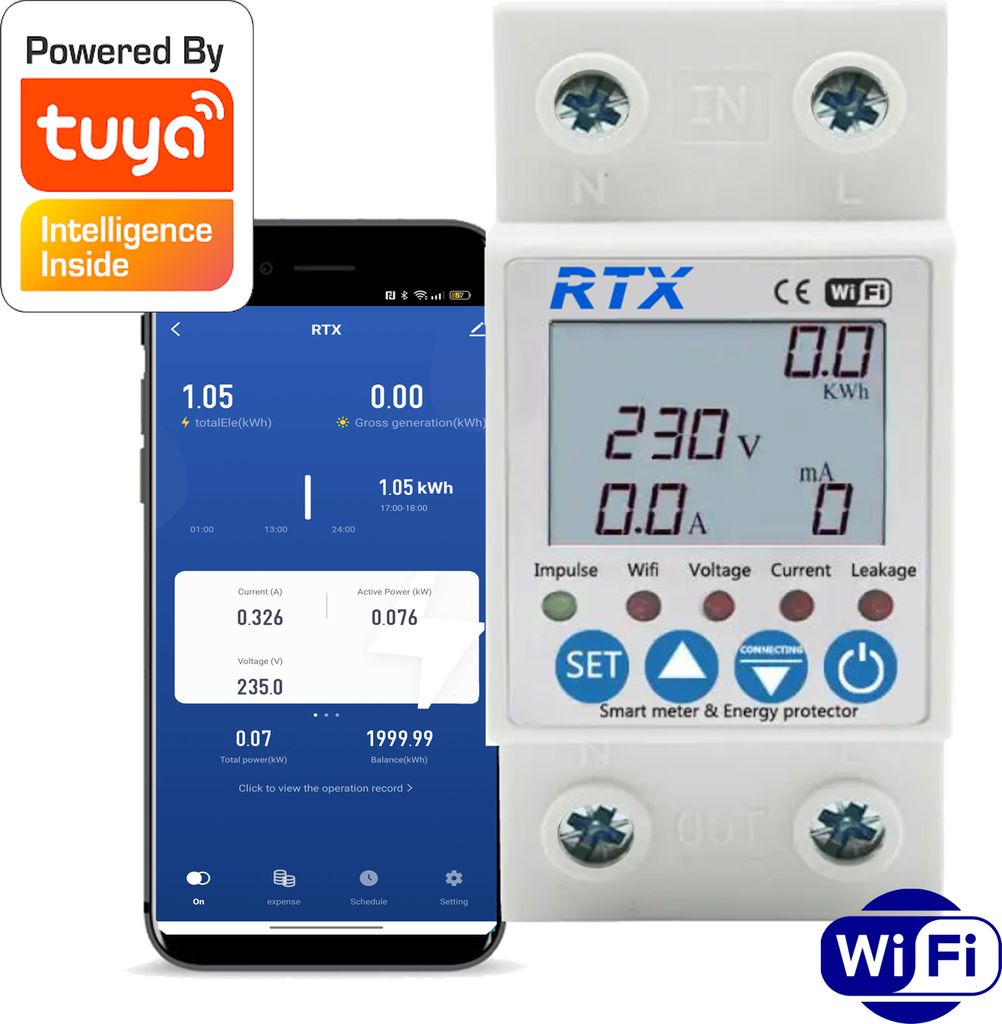 RTX Stromzähler Wattmeter Messung bis zu 63A TUYA WiFi DIN