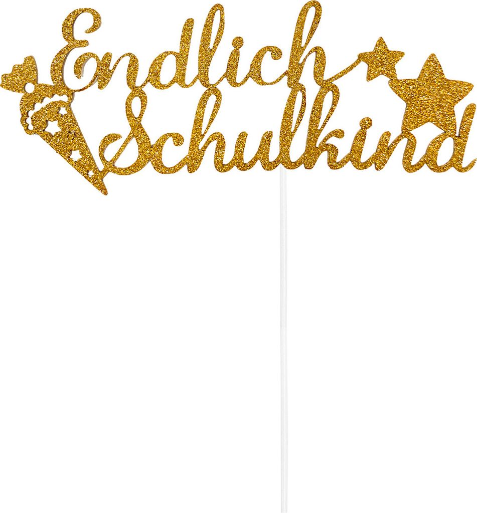 Oblique Unique Endlich Schulkind Torten Topper Glitzernd gold für Schuleinführung Einschulung Schulanfang Kuchendeckel