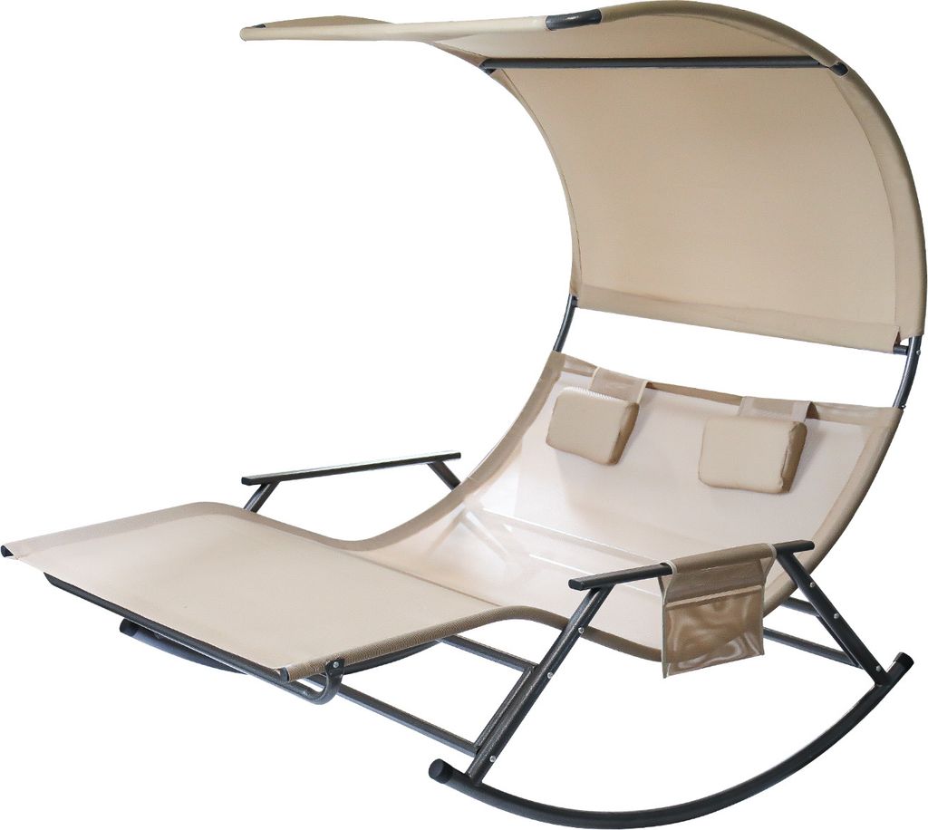 Izrielar 2 Personen Doppel-Schaukelliege mit Dach, Outdoor Sonnenliege für Balkon & Garten, wetterfest, max. 250 kg, Beige