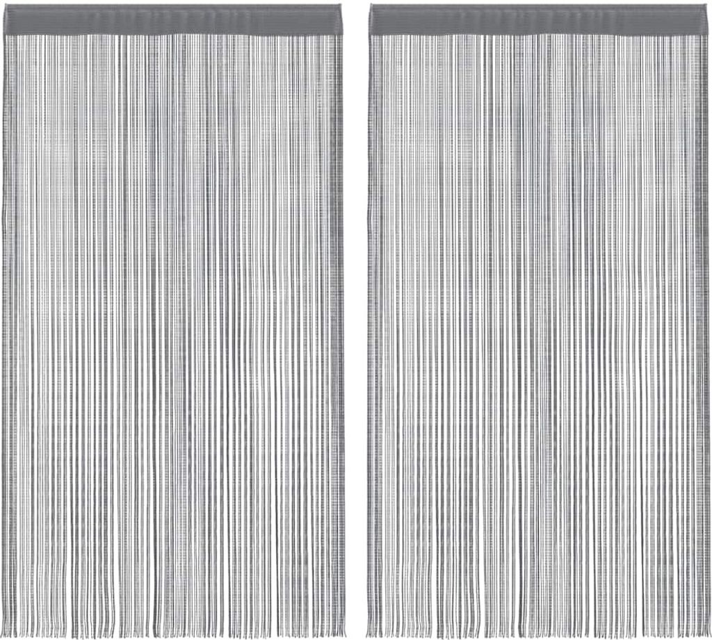 Two grey string curtains are shown hanging side-by-side against a white background.