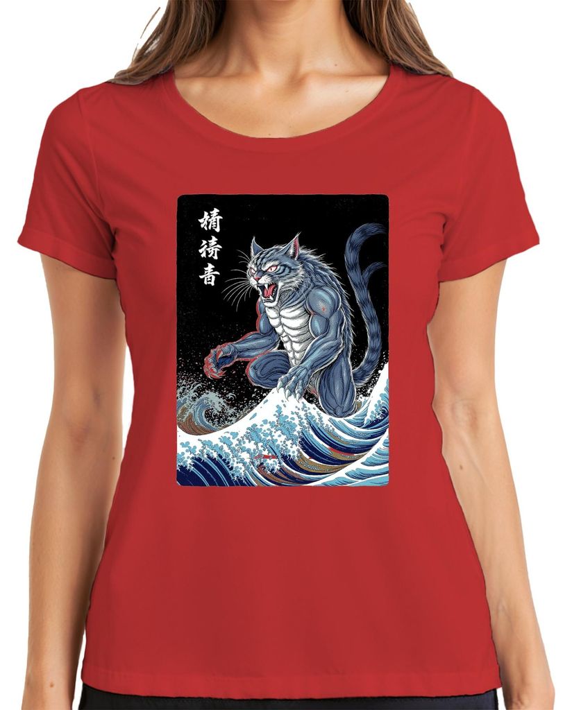 Dämonenkatze Muskelkatze Große Welle Japanisch Ukiyoe Halloween Damen T-Shirt, Rot, M