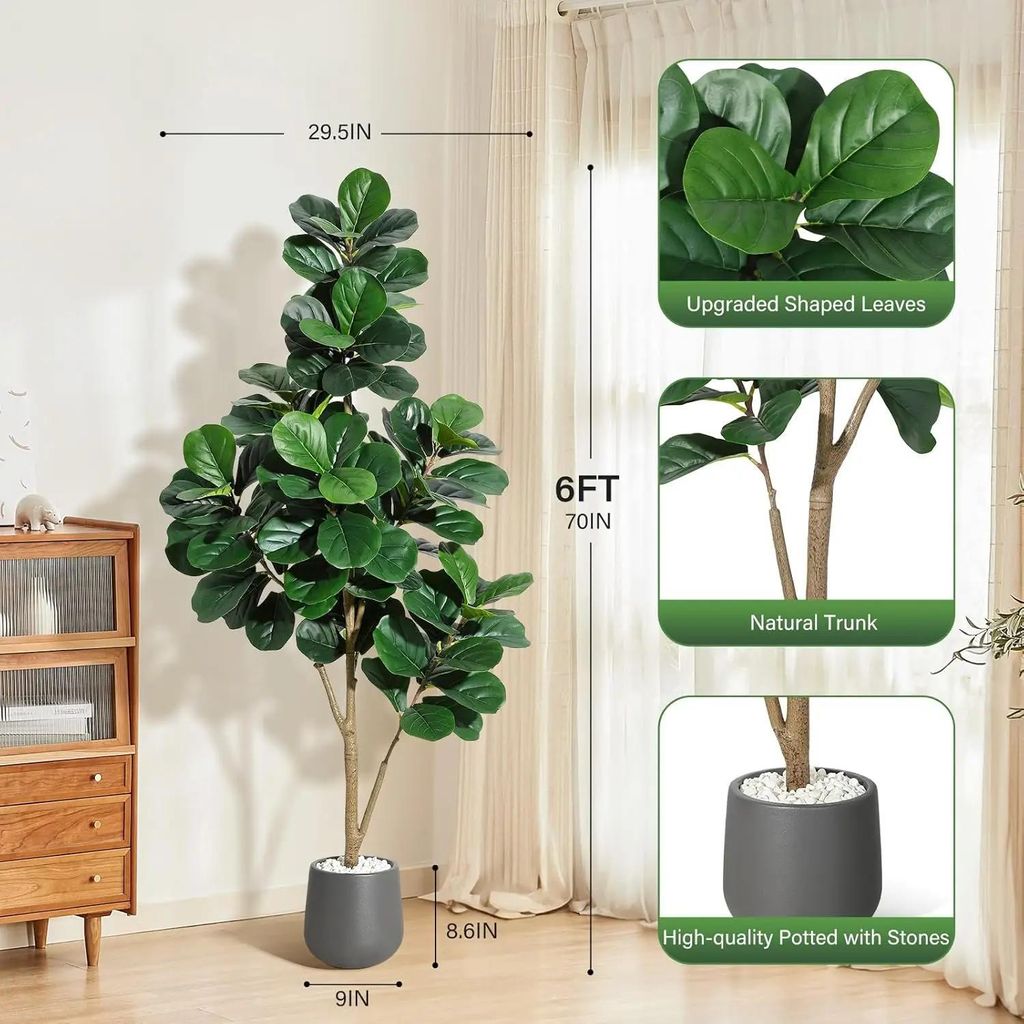 Geigenfeige Ficus lyrata - Kunstbaum - 183 cm - Realistische Blätter - Bodenstehend - Weißer Topf - Kunststoff