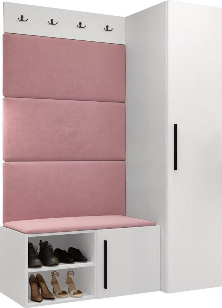 MIRJAN24 Garderoben-Set Medi II, Schuhschrank, Kleiderhakenbrett, 4x Paneel 84x42, 4 Kleiderhaken (Farbe: Weiß, Manila 09)