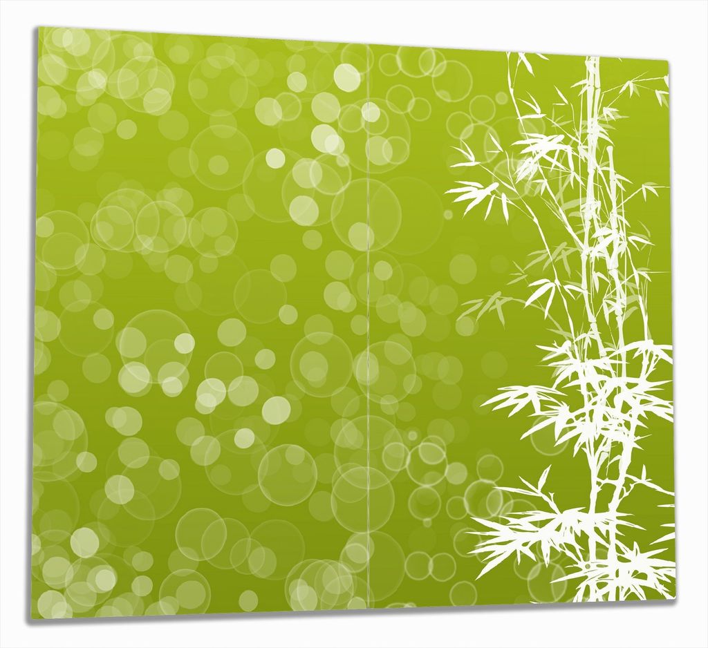 Wallario Herdabdeckplatte aus Glas, Größe 60 x 52 cm 2-teilig, Motiv Bambusmuster grün-weiß
