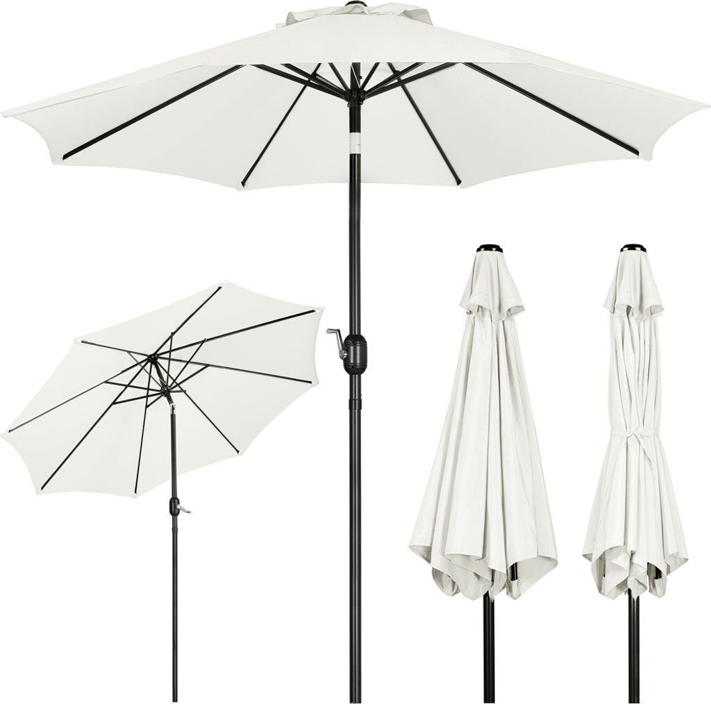 Multiple views of a white patio umbrella on a white background.