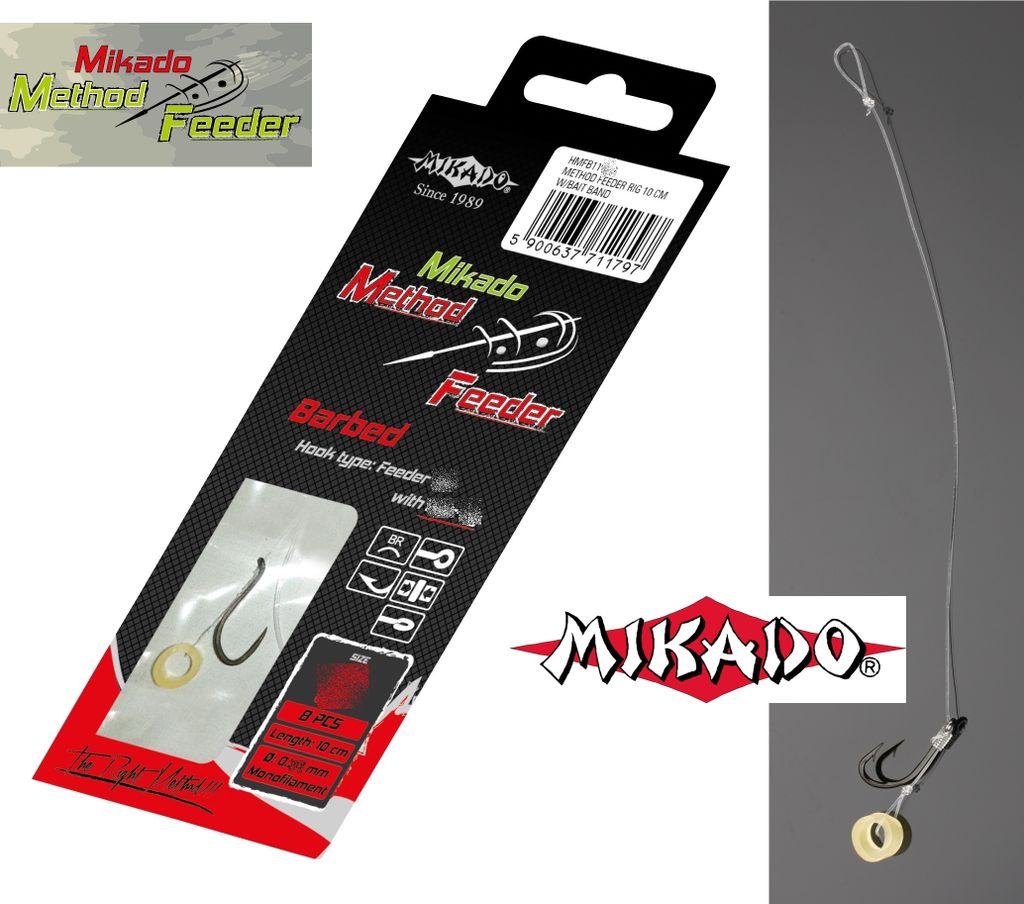 8 x "MIKADO METHOD FEEDER 702" Haken Rig `s mit Pellet-/Bait Band Feederhaken 8 / Ø0,25mm / 10cm