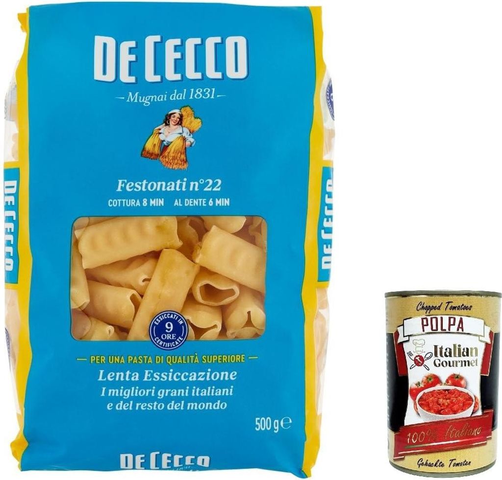 10x De Cecco Pasta 100% Italian Festonati n° 22 Noodles 500 g + Italian Gourmet Polpa 400 g