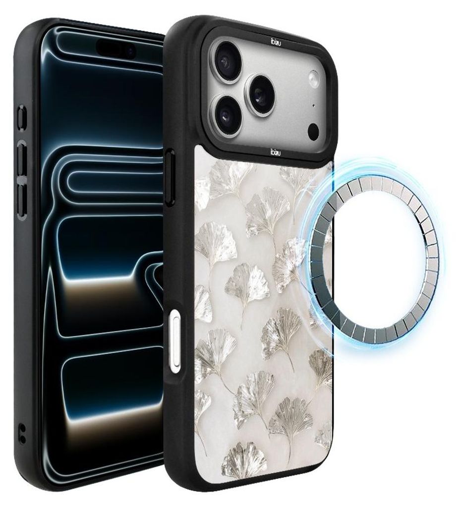 Schutzhülle für das iPhone 17 Pro Max, MagSafe-kompatibel, mattschwarze Seiten, weißer Marmor, silberne Blätter