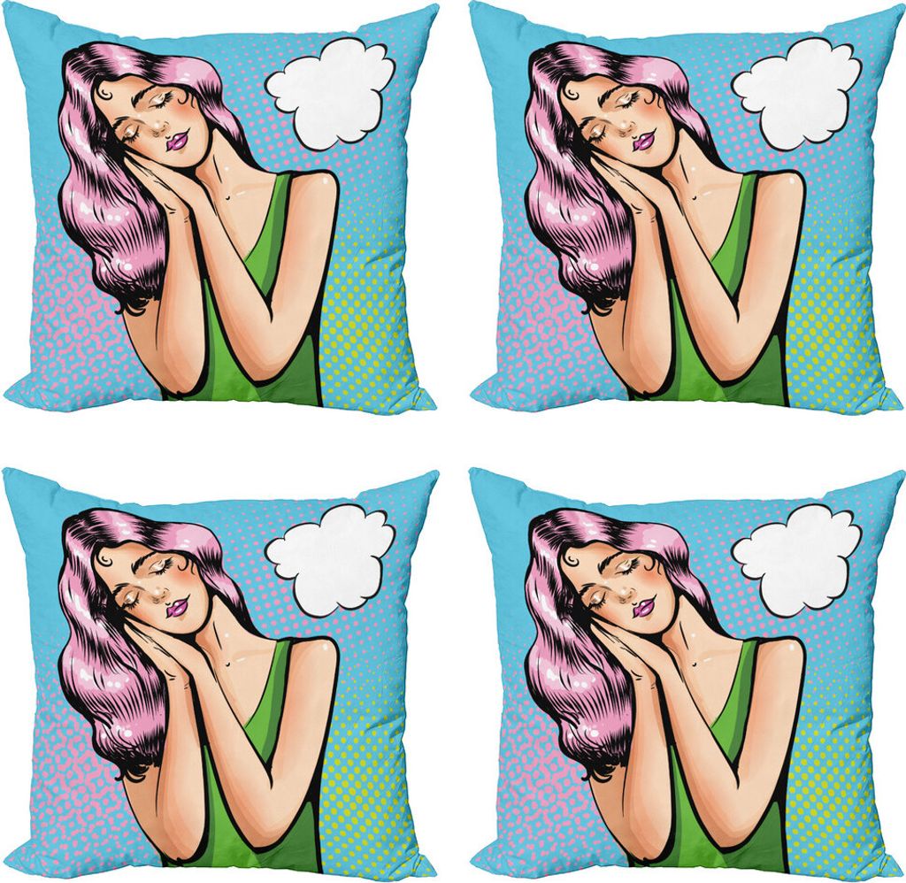 ABAKUHAUS Comic Kissenbezug Set (4 Stück), Sleeping Girl Retro-Pop-Art, Moderner Doppelseitiger Digitaldruck, 50 cm x 50 cm, Mehrfarbig