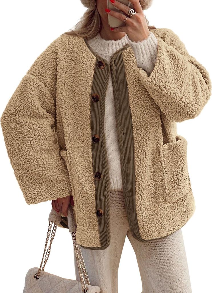 ASKSA Damen Wintermaentel Sherpa Fleecejacke Fuzzy Langarm Button Up Casual Warm Jacken mit Taschen (Khaki,M)