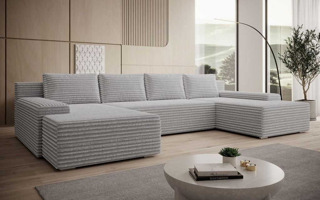 Wohnlandschaft Luca mit Schlaffunktion und Bettkasten in Cord Stoff grau