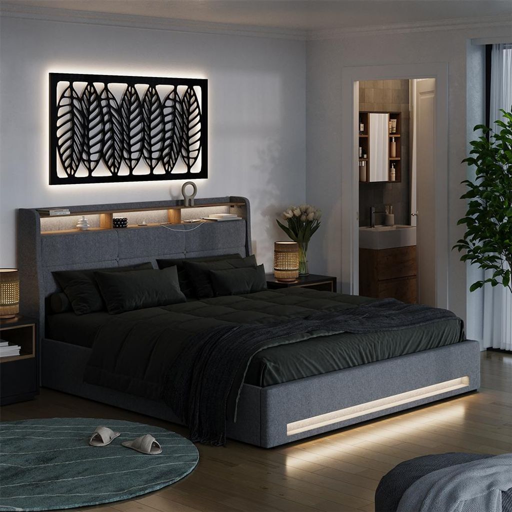 Vitalispa Polsterbett Christin, 180x200 mit LED, USB-Anschluss & Matratze, Grau/Eiche