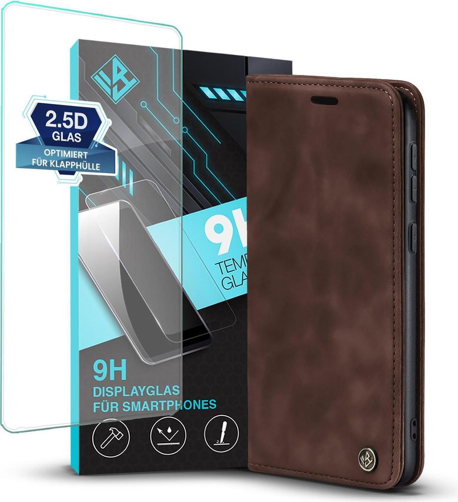 Handy Hülle für Samsung Galaxy S22+ mit 9H Displayglas Klapphülle Bookcase Flip Cover Handy Tasche Etui Farbe: Dunkelbraun
