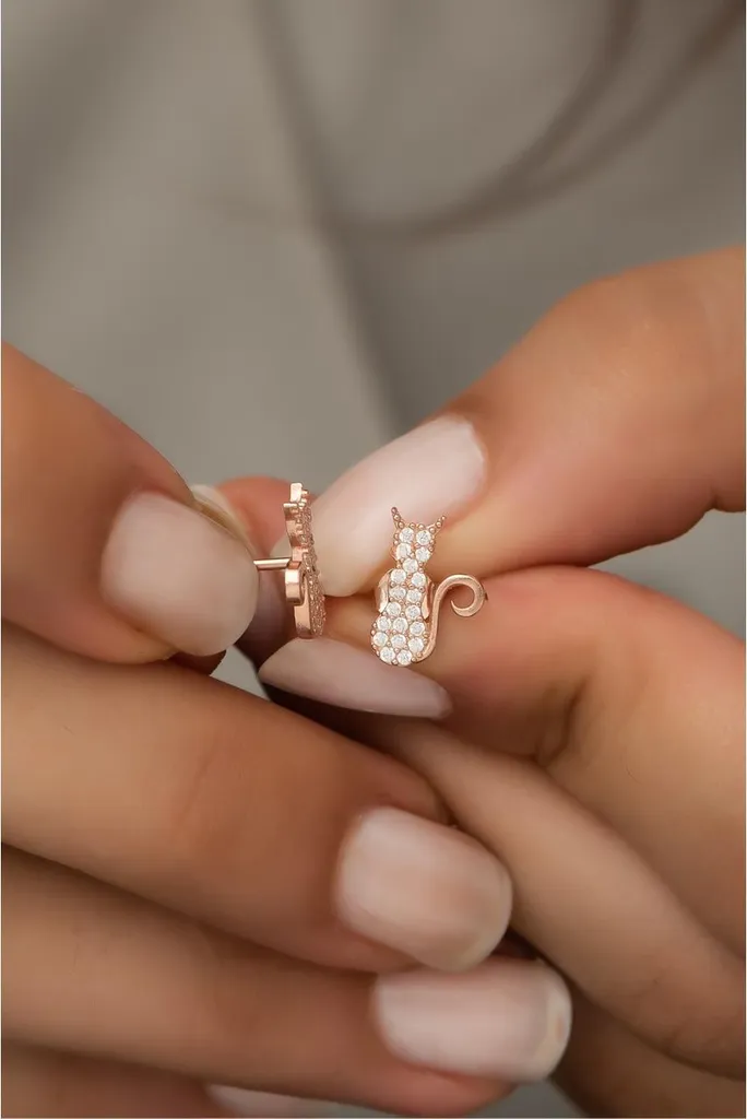 Clous d'oreilles chat en argent 925 rose gold, bijoux femme animaux