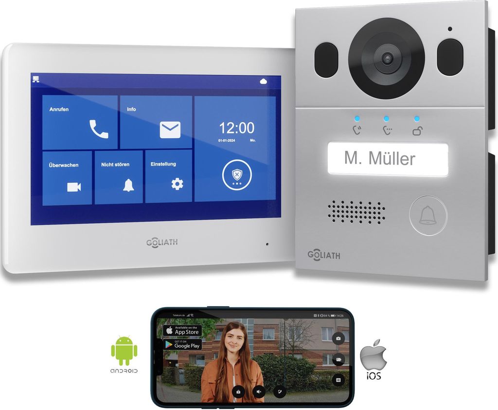 GOLIATH Video Türsprechanlage, 2-Draht-Bus, 7-Zoll-Monitor, Unterputz-Türklingel mit Kamera, Gegensprechanlage, Türöffner, Plug & Play, AV-BLS-01A