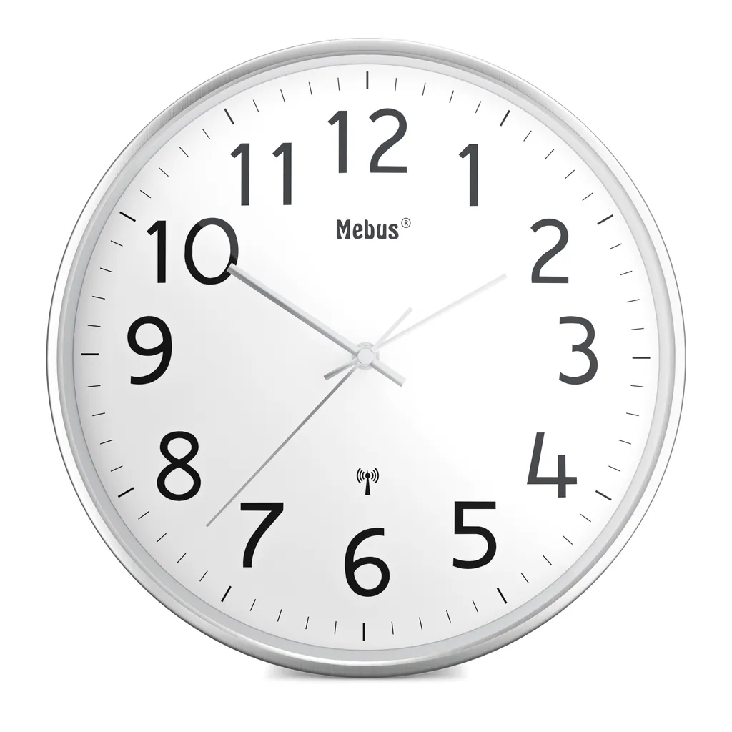 Horloge radio-pilotée Mebus 30cm avec boîtier robuste métal argent